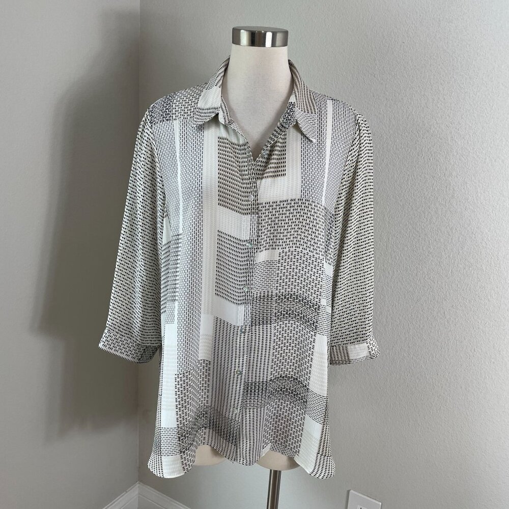 Rose + Olive‎ Womens Plus 1X Collared Button Up Blouse Geometric 3/4 Sleeve Top